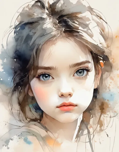 Digital art, artwork, beautiful sketch of a girl, gaze at the viewer, upper body, rough drawing drawn with minimal strokes, pale coloring with watercolor