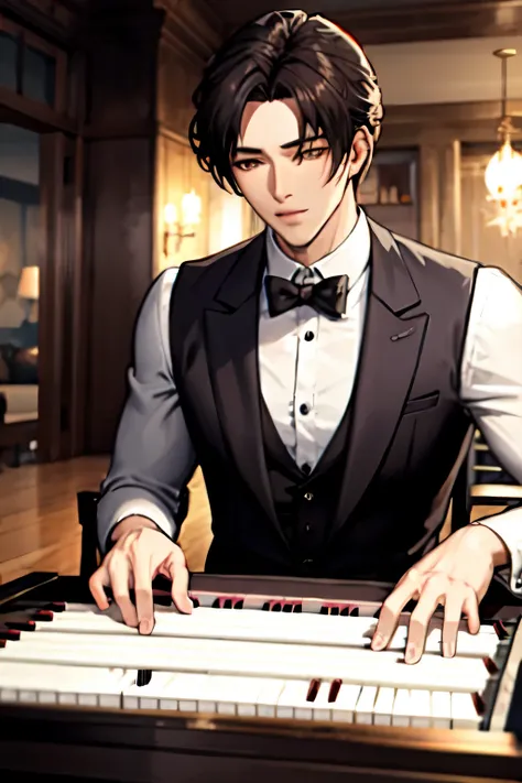 A handsome male character playing the piano
