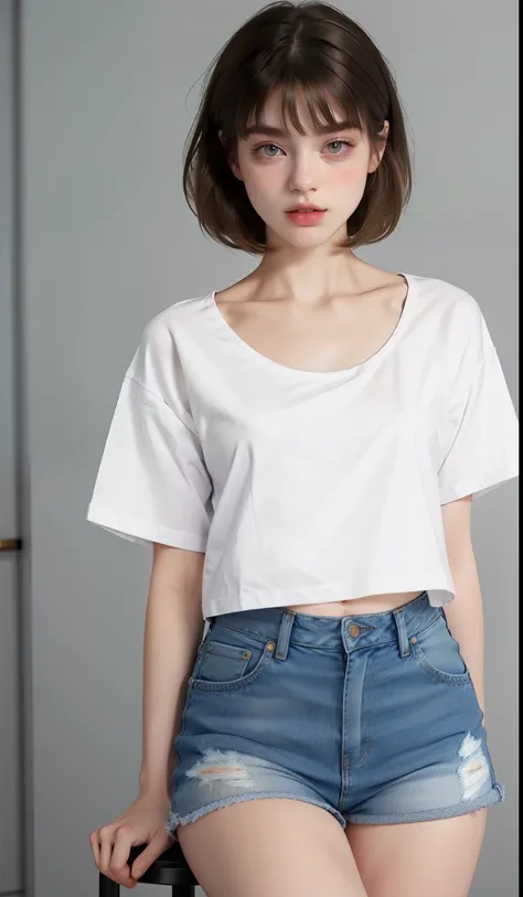 BDSM, NSFW, 1 girl, summer, bookshops, Sitting on Stool, White T-shirt, Denim ripped shorts, denim jackets, serious faces, short brown haired, Clear Focus: 1.2, Highly detailed facial and skin texture, top-quality, 8k、small 、very small breasts、Model body t...