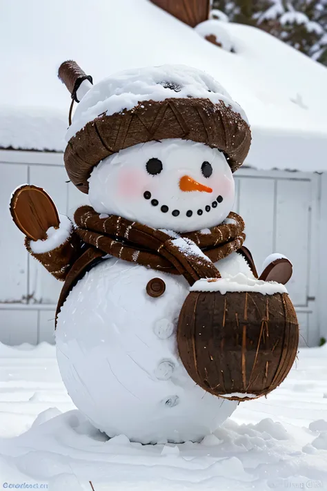 There is a snowman wearing a half coconut shell hat pouring milk into square candies. 