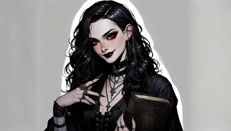 heroic fantasy medieval,1 Beautiful woman, Hair: long, wavy, black
Eyes: intense red
Nose: hooked
Skin: very fair
Accessories: silver earrings
Clothing: dark witch dress and casual style, 
Other features: dimples, mysterious smile, witch, intense red eyes ...