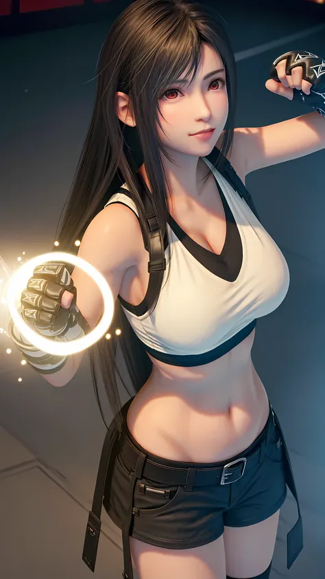 8k,masterpiece, Highest quality,big breast, (1 person:1.5), Tifa Lockhart, red_eye, Black Hair, Long Hair, Perfwct Lighting, (Glowing Skin: 1.2), shiny sweat, ((Highest quality)), Sharp focus: 1.2, Highly detailed face and skin texture, detailed eye, Perfe...