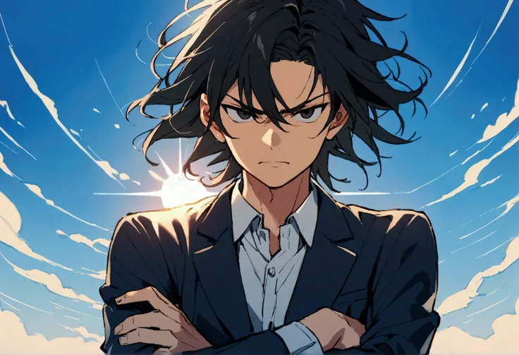 1 teenage boy, hair tidy, medium length hair, black hair, black eyes, serious face, white shirt, blue school jacket, arms crossed.