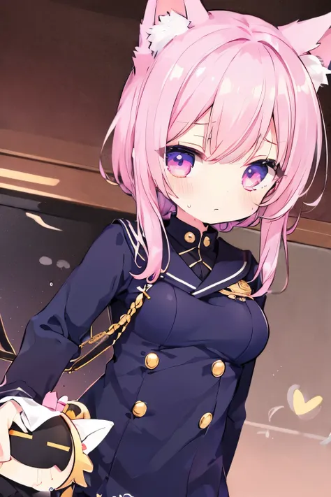 Navy Uniform、Elementary school girl、,Pink Shortcut,Very beautiful and Shining Eyes、Shining Eyes、1 girl、Large Breasts、Cat ears、(((((Small body)))))、heart❤、((sweat、vapor)）