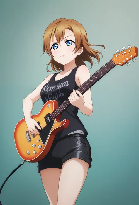 (Masterpiece, Best Quality, High Quality),anime style, love live, honoka kousaka, (blue eyes), brown hair, kousaka honoka, medium hair, 8k wallpaper, cowboy shot, black tank top, clothes writing,black latex shorts,gray thighs, guitar 