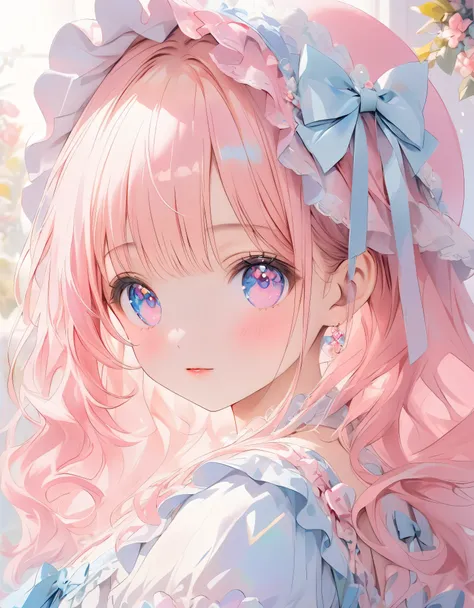 ((ultra quality)), ((ultra detail)), ((top quality)), pastel colored fluffy cute dress, frills and lace and ribbon, (sweety bedroom:1.2), cowboy shot, portrait, hyper detail face, hyper beautiful eyes, ((anatomically correct)), (((correct hand))), soft lig...