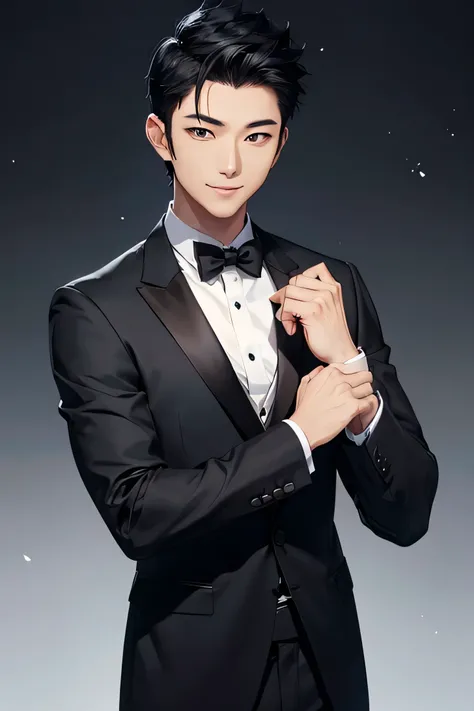 Japanese　　Handsome　Short cut　Shaved head　Black Hair　male　Fierce　Breaking smile　Black Tuxedo　formal　Upper Body　Background Universe