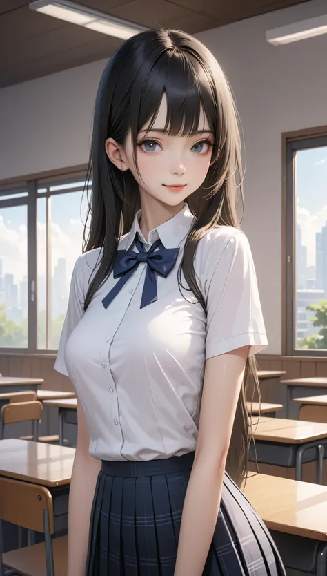 ((masterpiece,Best Quality:1.3,best quality illustrations,realistic)),cowboy shot,portrait,1 Japanese woman,young adult,straight long hair,black hair,very small head, bangs,gray eyes,gorgeous eyes,smile,long body,medium breasts,(School制服, collared white sh...