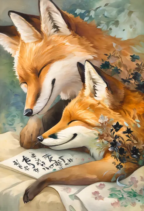 best quality, super fine, 16k, 2.5D, delicate and dynamic depiction, fox spirit stroking the head of sleeping  on his lap, gentle loving smile, effects wrapped in soft colors and light, fusion of watercolors and oil paintings, calligraphy, ink, shading, gr...