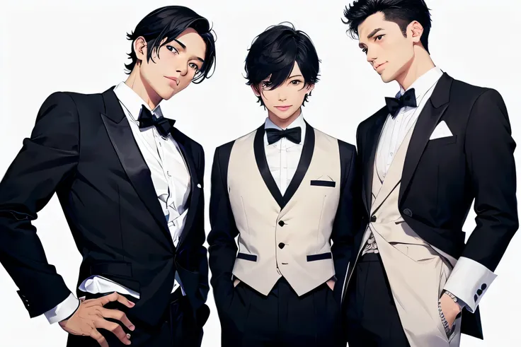 two japanese people　　handsome　short cut　black hair　two men　fierce　breaking smile　black tuxedo　formal　　background universe　men