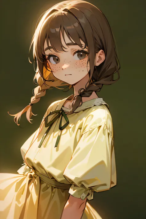 a little country yellow girl,light green simple dress, dark hed ribbon, dark brown braids, dark brown eyes, freckles