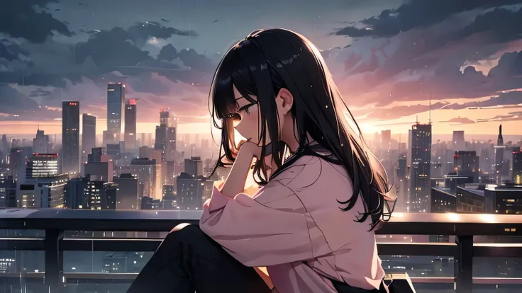 in the rain、raindrop、twilight、park observation deck、sit on the edge、girl、Profile、light pink sky、firmament、dusk、black hair、body whole、looking down the city, Japan,raining