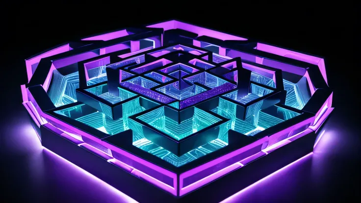 Geometric maze of interlocking hexagons, glowing edges, and a deep sense of depth.