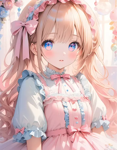 ((ultra quality)), ((ultra detail)), ((top quality)), pastel colored fluffy cute dress, frills and lace and ribbon, (sweety bedroom:1.2), cowboy shot, portrait, hyper detail face, hyper beautiful eyes, ((anatomically correct)), (((correct hand))), soft lig...