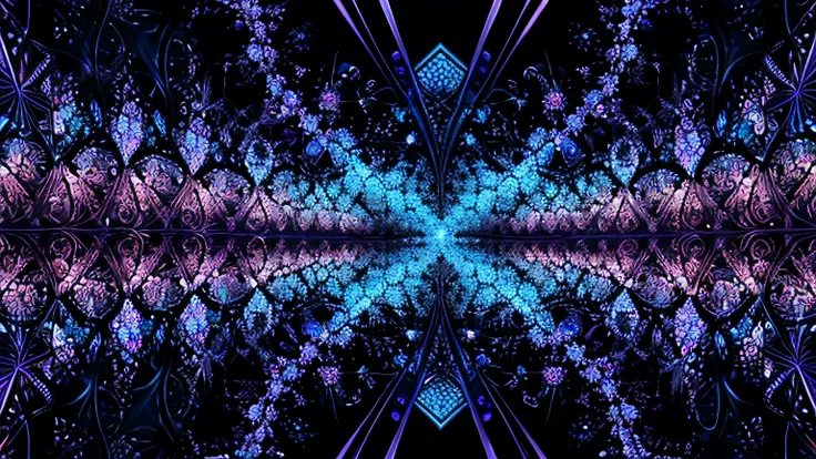 Explosion of fractal patterns with intricate details, expanding in layers of electric blues and purples.