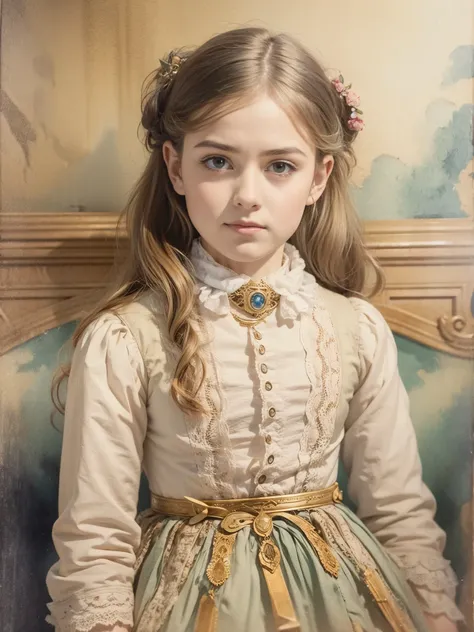 The great hall of a 19th century aristocratic mansion、Pale-toned watercolor painting of a teenage girl