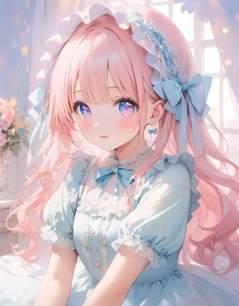 ((ultra quality)), ((ultra detail)), ((top quality)), pastel colored fluffy cute dress, frills and lace and ribbon, (sweety bedroom:1.2), cowboy shot, portrait, hyper detail face, hyper beautiful eyes, ((anatomically correct)), (((correct hand))), soft lig...