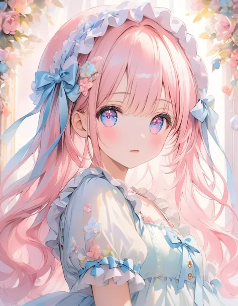 ((ultra quality)), ((ultra detail)), ((top quality)), pastel colored fluffy cute dress, frills and lace and ribbon, (sweety bedroom:1.2), cowboy shot, portrait, hyper detail face, hyper beautiful eyes, ((anatomically correct)), (((correct hand))), soft lig...