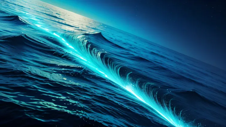 Abstract ocean of glowing particles, ebbing and flowing like water, with radiant reflections.