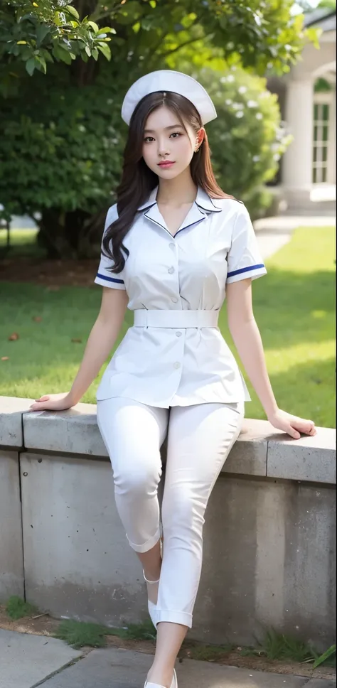 Beautiful girl taking photos on the villa lawn,Original photo,masterpiece,(Highly detailed skin:1.2),8K ultra-high image quality,Digital SLR camera,soft light,high quality,film grain,FUJI XT3,20 year old Asian woman,wear simple clothes,(White long nurse un...