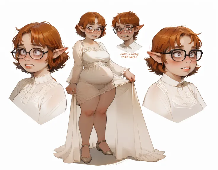 1 girl, nerdy elf woman, big teeth, glasses, (shy emotions:1.3) looking away, white elaborate elvish dress, transparent dress, b...