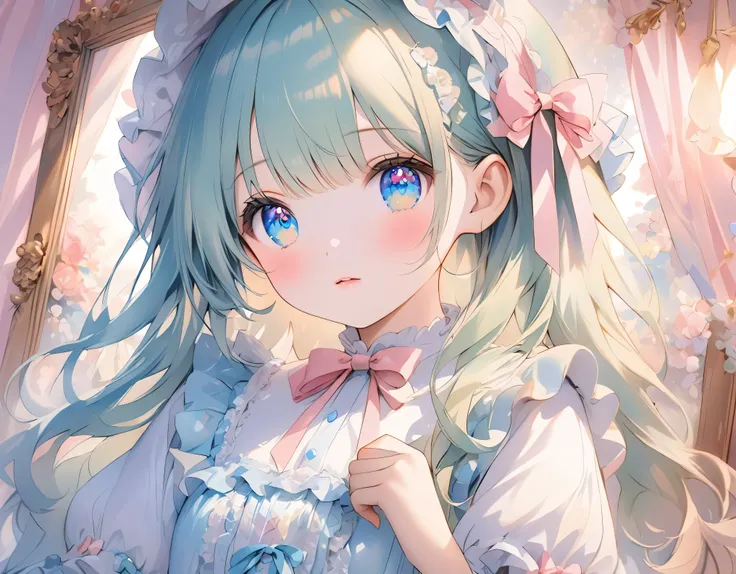 ((ultra quality)), ((ultra detail)), ((top quality)), pastel colored fluffy cute dress, frills and lace and ribbon, (sweety bedroom:1.2), cowboy shot, portrait, hyper detail face, hyper beautiful eyes, ((anatomically correct)), (((correct hand))), soft lig...