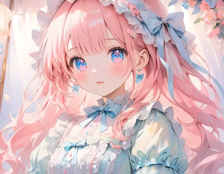 ((ultra quality)), ((ultra detail)), ((top quality)), pastel colored fluffy cute dress, frills and lace and ribbon, (sweety bedroom:1.2), cowboy shot, portrait, hyper detail face, hyper beautiful eyes, ((anatomically correct)), (((correct hand))), soft lig...