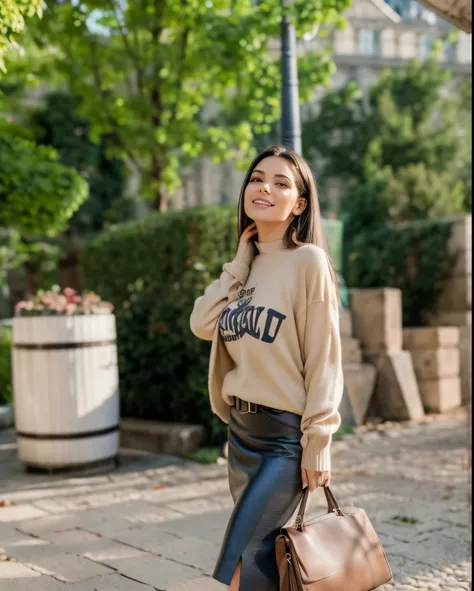 foreground: girl with dark hair. she is a model, not tall, She has a barely noticeable smile., and she flirts with the camera, (She wears a casual shirt with a long wool sweater and a tight skirt with a big belt:1.2), background of a walk in Paris, (the Lo...