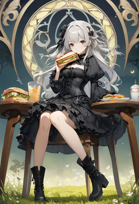 Attractive view of a young woman eating a sandwich on the grass, (((gothic))), ,she was adorned with hair accessories、, Straight silver hair。Ruffled mini skirt, sheの表情は自然だ, Calm expression. she wore a dress with ruffled sleeves and a tight corset...、she&#3...