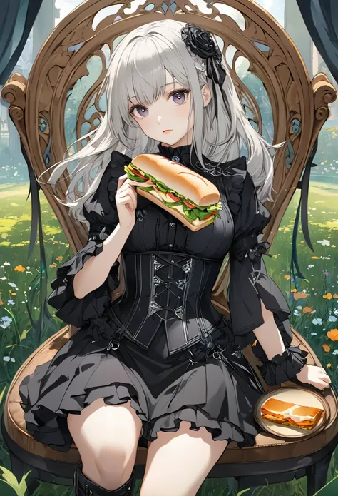 Attractive view of a young woman eating a sandwich on the grass, (((gothic))), ,she was adorned with hair accessories、, Straight silver hair。Ruffled mini skirt, sheの表情は自然だ, Calm expression. she wore a dress with ruffled sleeves and a tight corset...、she&#3...