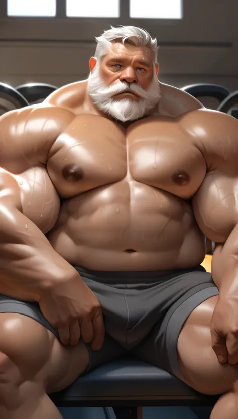 solo, 1boy, muscular old man, wide shoulder, pectoral, thick arms, nippels, huge pectoral, wide pectoral, sitting on gym, short ...