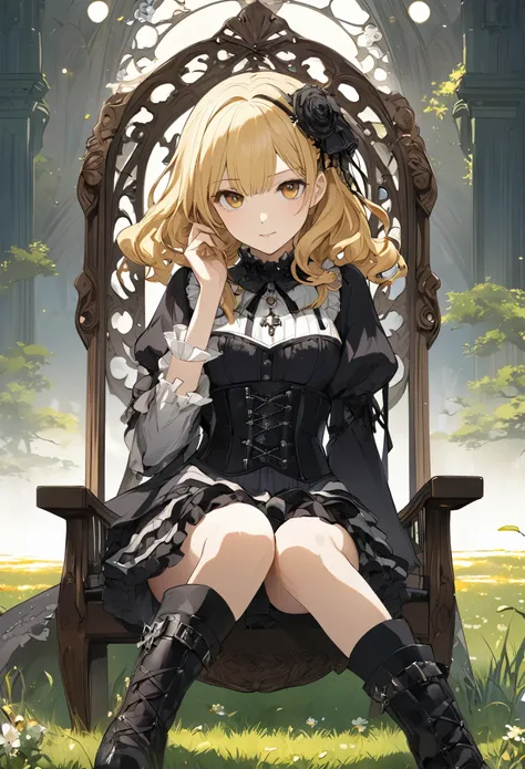 Attractive view of a young woman eating pudding on the grass, (((gothic))), ,she was adorned with hair accessories、, Wavy Blonde Hair。Ruffled mini skirt, sheの表情は自然だ, Calm expression. she wore a dress with ruffled sleeves and a tight corset...、she&#39;she&#...