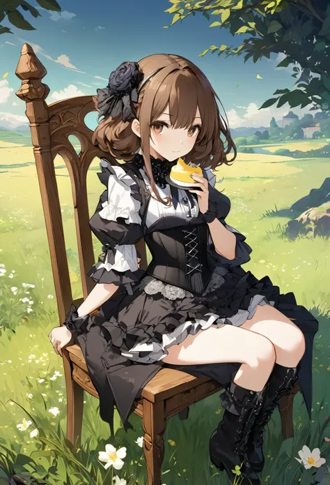 Attractive view of a young woman eating pudding on the grass, (((gothic))), ,she was adorned with hair accessories、, Wavy brown hair。Ruffled mini skirt, sheの表情は自然だ, Calm expression. she wore a dress with ruffled sleeves and a tight corset...、she&#39;she&#3...