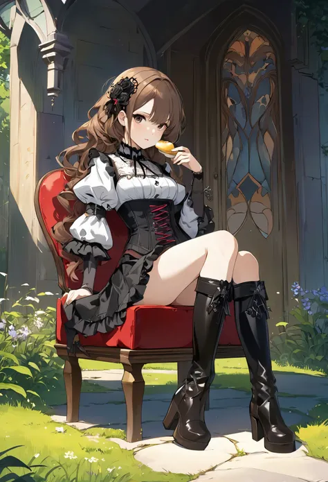 Attractive view of a young woman eating pudding on the grass, (((gothic))), ,she was adorned with hair accessories、, Wavy brown hair。Ruffled mini skirt, sheの表情は自然だ, Calm expression. she wore a dress with ruffled sleeves and a tight corset...、she&#39;she&#3...