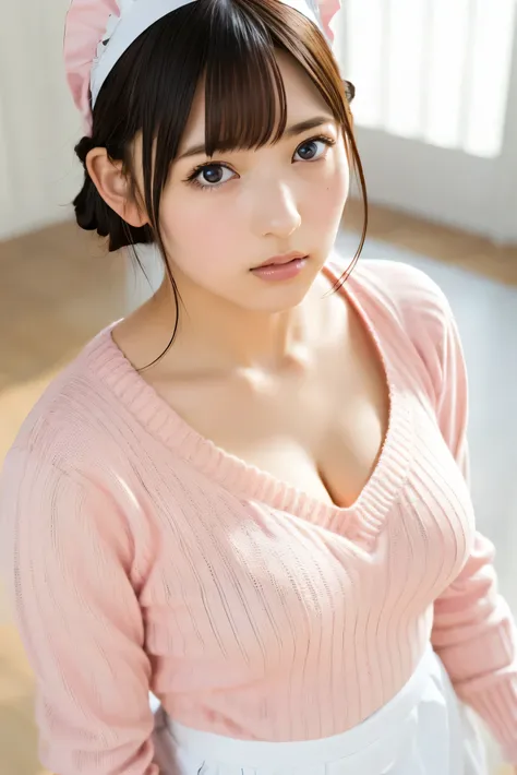 (8k, RAW Photos,Best Quality, High resolution:1.1), (Ultra-realistic:1.4),(Realistic, Realistic:1.3),The beauty of Japan、Rhythmic Gymnastics Club、Rhythmic Gymnastics Uniform、((Upper Body:1.3)),Maid Cafe、((Maid:1.3)),(Pink knitted sweater:1.3),look up、Shoot...