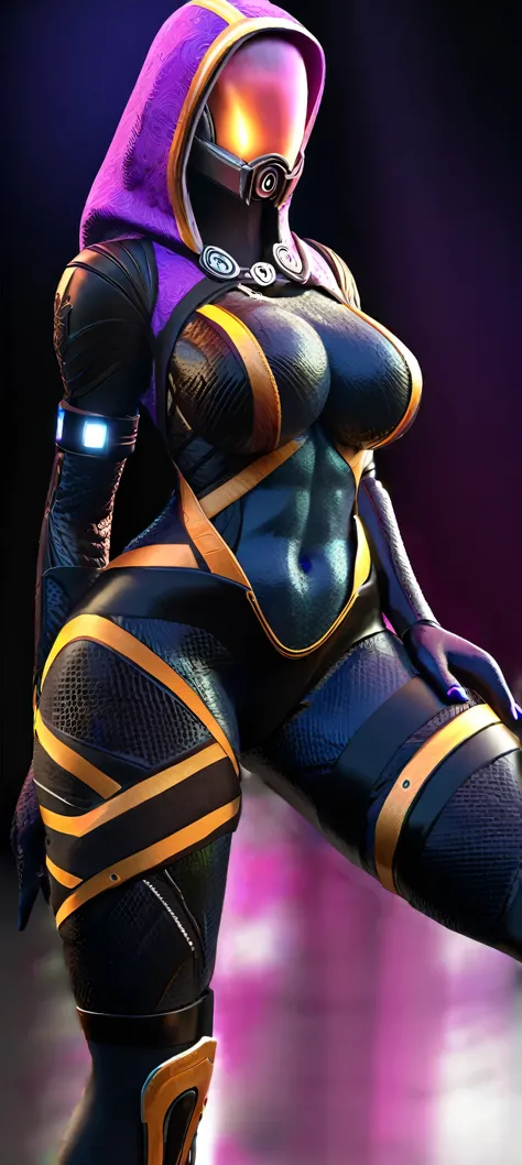 Tali Zora in her black latex suit from Mass Effect, divine female athletic figure, with beautiful breasts and hips, her mask and elements on her costume glow with a bright purple neon and illuminate a completely black background, She is depicted in full gr...