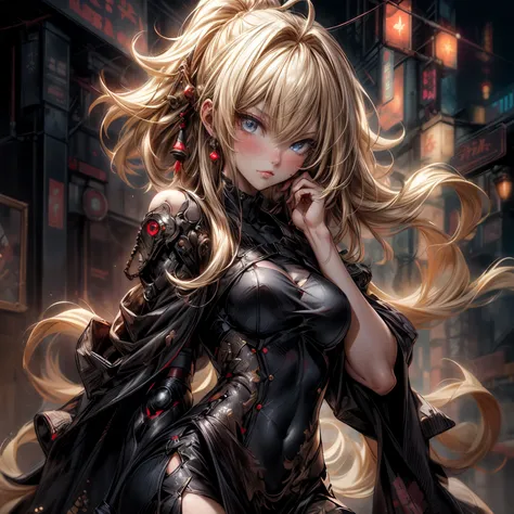 ((best quality)), ((Masterpiece)), ((Enrich the picture，Masterpiece level quality)), ultra background details, an image of a beautiful cyberpunk female, mature woman, fierce woman, cyberpunk theme, samurai girl, cyberpunk, fantasy, ((blonde hair, Curtain B...