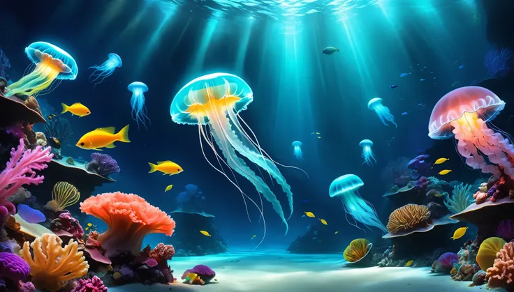 a tranquil underwater world, alien aquatic life, glowing marine life, colorful coral reef, otherworldly flora and fauna, fascina...