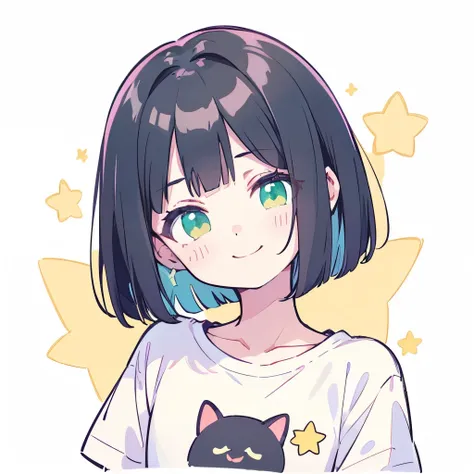 pastel theme、1 cute girl、green eyes、green eyes、black bob cut、black hair、smile、tilt your head、upper body、white t-shirt、white clot...