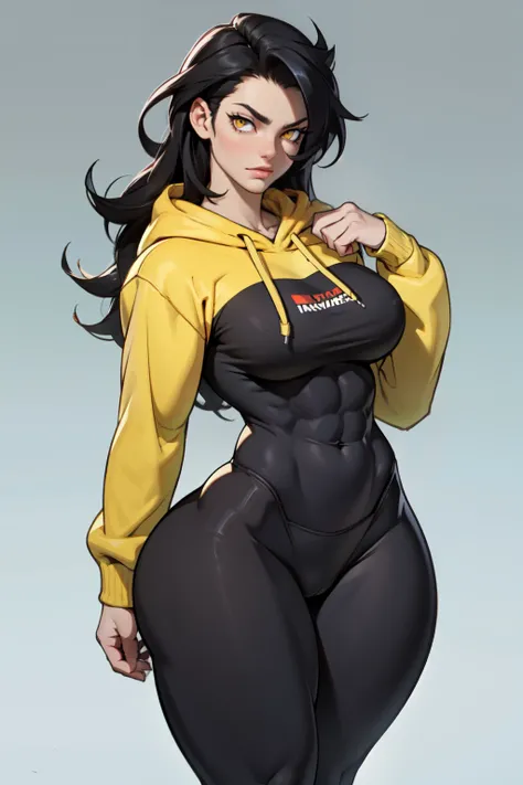 extremely long hair perfect anatomy 1 girl tall solo curvy ((muscular)) hoodie pale skin toned body black hair yellow eyes leggings cowboy shot perfect female anatomy breasts