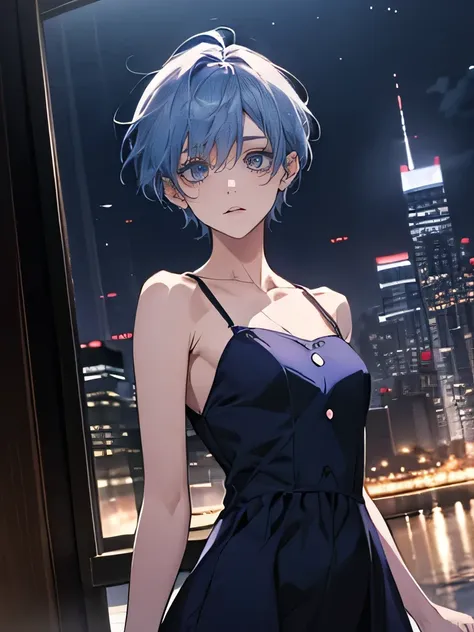 anime、Illustration、High image quality、High resolution、A woman standing in a park in Night City、（4）、（Adult atmosphere）、A sad expression、Blue short hair、Short dress、Slits at the hem、Dark blue dress、（it&#39;s raining）、Night City、Neon Signs、Muscular、（The chest...