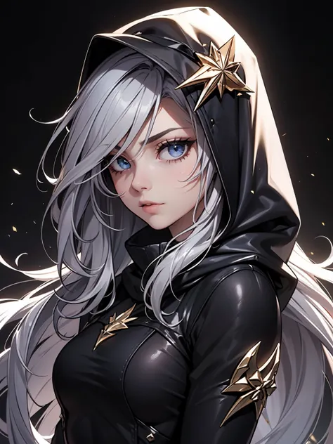 White elf woman, medium grey hair color, very long flowing hair, grey eye color, small eyes, realistic human eye shape, round eye shape, eyeliner, realistic face shape., portrait, wearing a black hood, black background, SMALL chest, Depth of Field. looking...