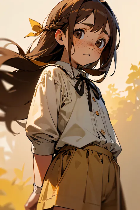 a little country yellow girl, poor underwear, dark hed ribbon, dark brown braids, dark brown eyes, freckles