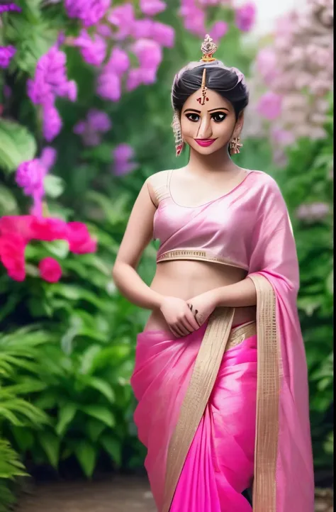 An ethreal tall goddess of 20 in pink saree in banarasi style and no crown and pallu on head in beautiful exotic garden, Detail, Best Quality, Blush, Wide Shot, small Hair Flower, Minimalism, "PIXAR"