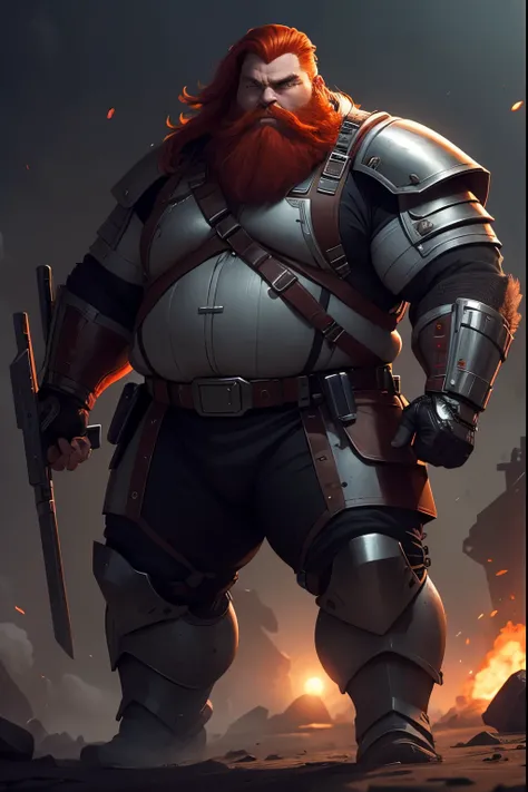 Red-haired sci-fi RPG man with gray locks, carries a large backpack and wears light leather sci-fi armor, has a medium beard, his right arm is bionic, strong and fat, big man, fat and strong man

