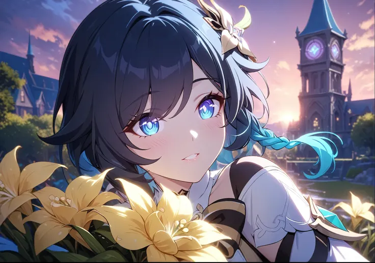 (best quality,4k,8k,highres,masterpiece:1.2)1boy,1girl,elysia_/(honkai_impact/) AND venti_/(genshin_impact),intricately detailed,by carnelian, cel shading, fantasy europe background, elysian realm,pink sky,volumetric lighting, sunset, golden illumination,g...