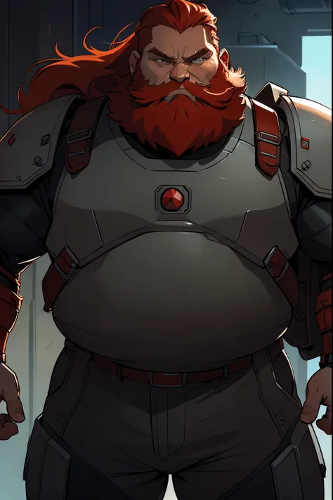 red-haired sci-fi rpg man with gray locks, carries a large backpack and wears light leather sci-fi armor, has a medium beard, hi...