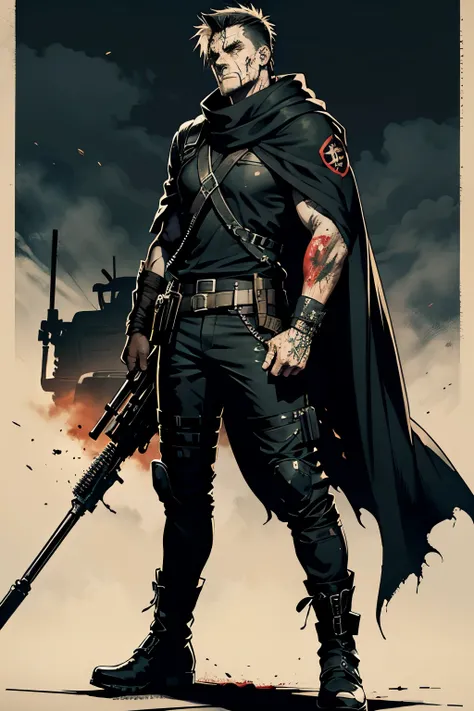 Mad Max Style Character, Wearing an Anarchist Flag as a Cape and Wearing Black Pants, Scars and Blood on Arms.