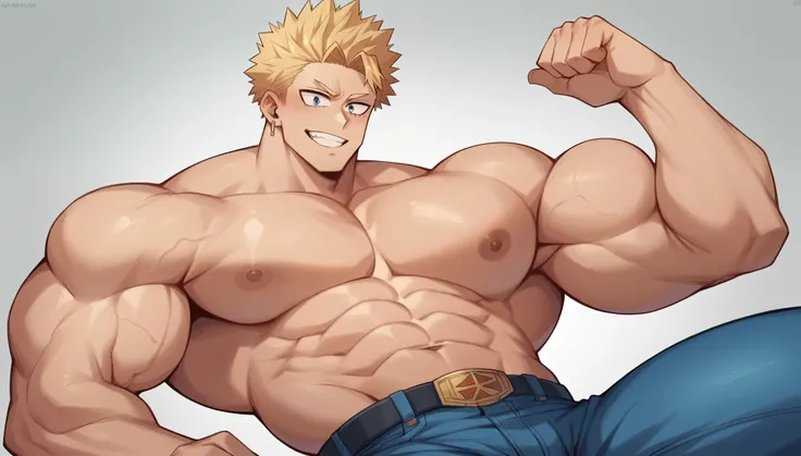 full boy image of a jacked teen hero. my hero academia. very popular handsome young man.  very sexy boy with styled blonde hair ...