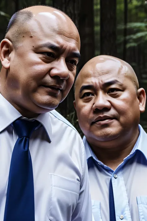 Two people wearing white shirts，Dark blue tie，Fat Chinese mature bald round-faced middle-aged man fighting fiercely in the forest，Abdomen close-up，Close shot